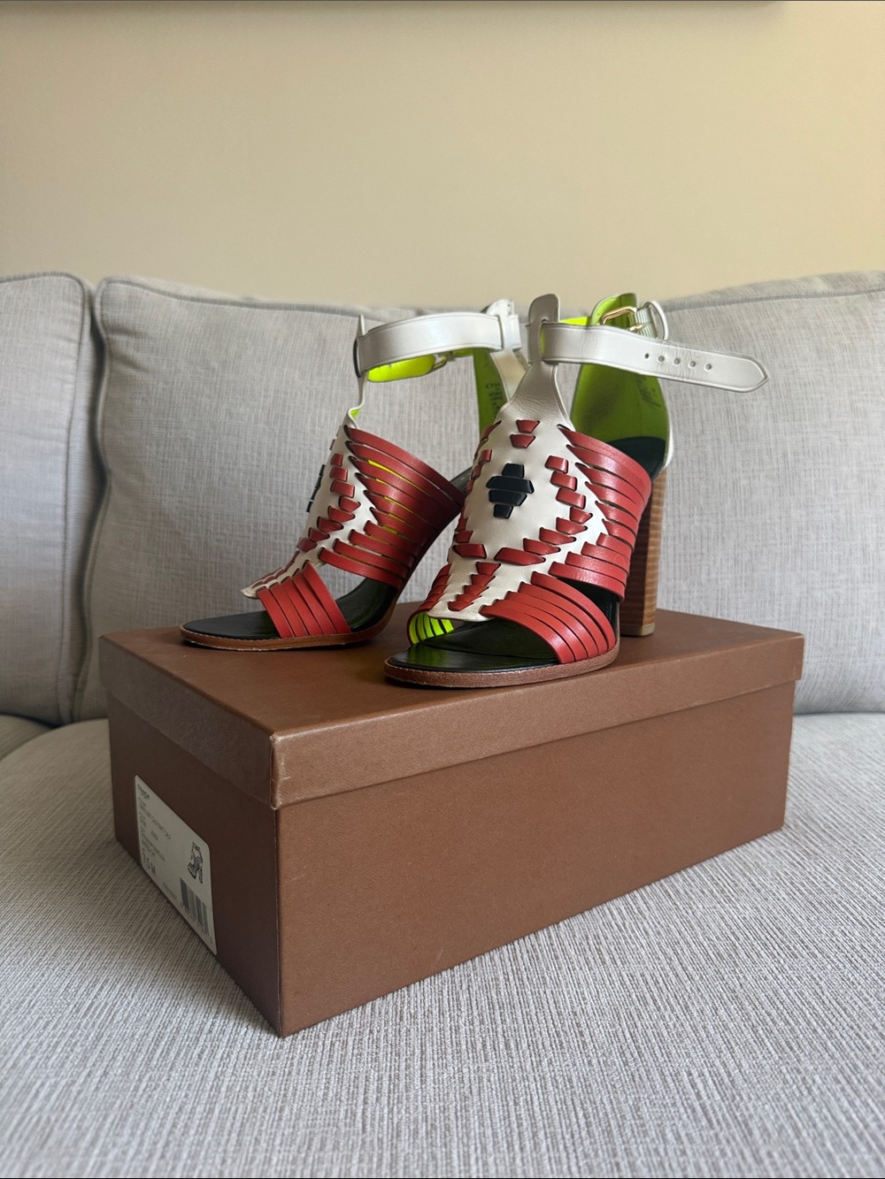 Coach Red White Neon Green Woven Strap High Heel Sandals